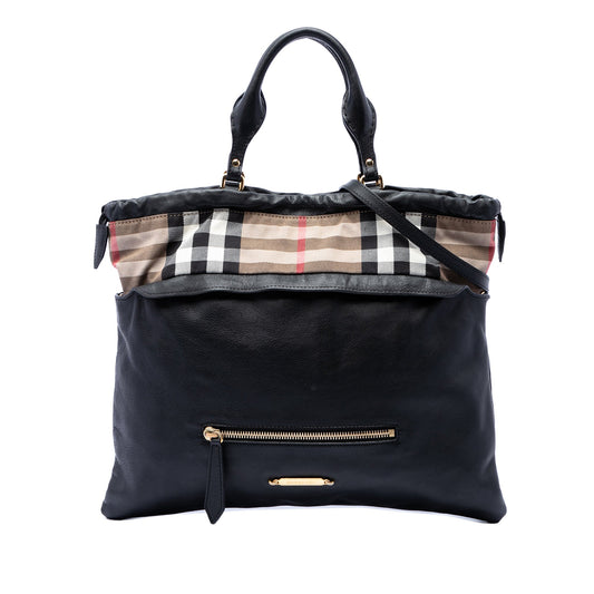Burberry House Check Trimmed Leather Big Crush Convertible Tote