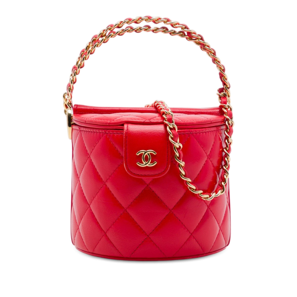 Chanel CC Quilted Lambskin Top Handle Round Vanity Case with Chain