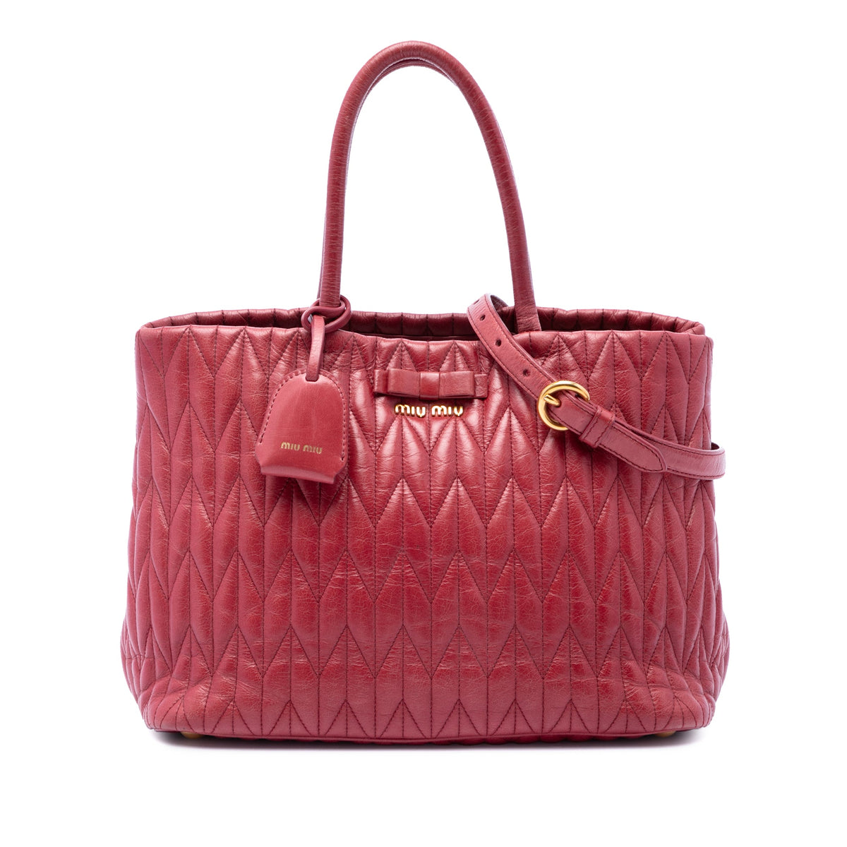 Miu Miu Medium Matelasse Vitello Shine Double Handle Tote — Red