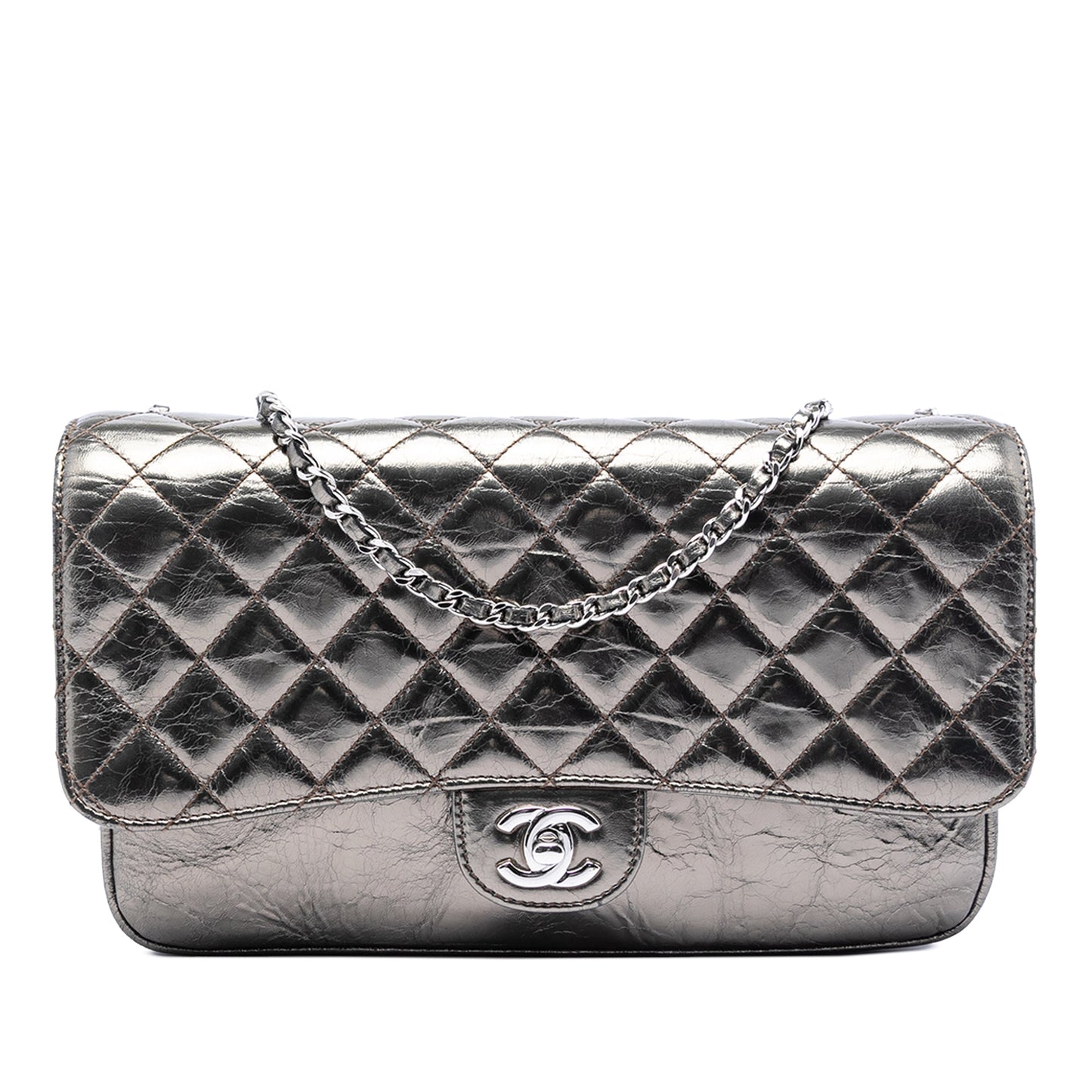Chanel Medium Metallic Crackled Calfskin Clams Pocket Flap