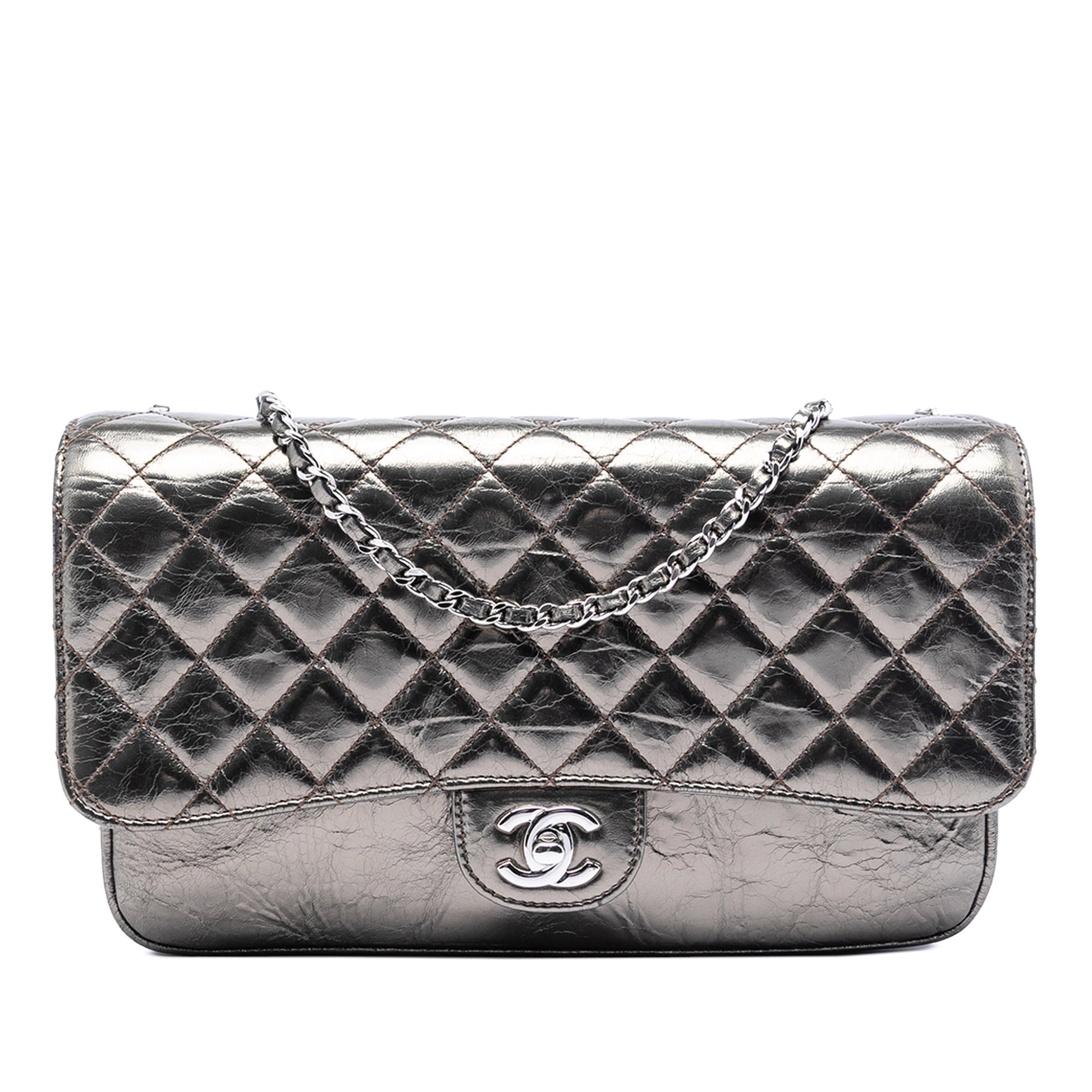 Chanel Medium Metallic Crackled Calfskin Clams Pocket Flap