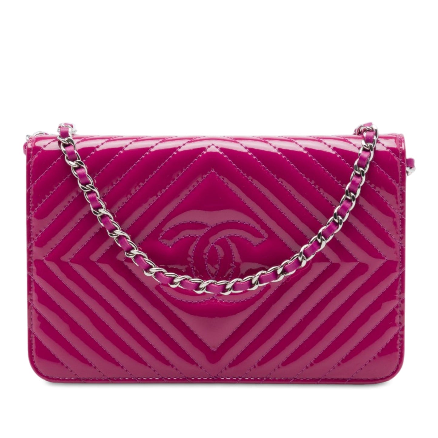 Chanel CC Patent Diamond Quilted Wallet On Chain