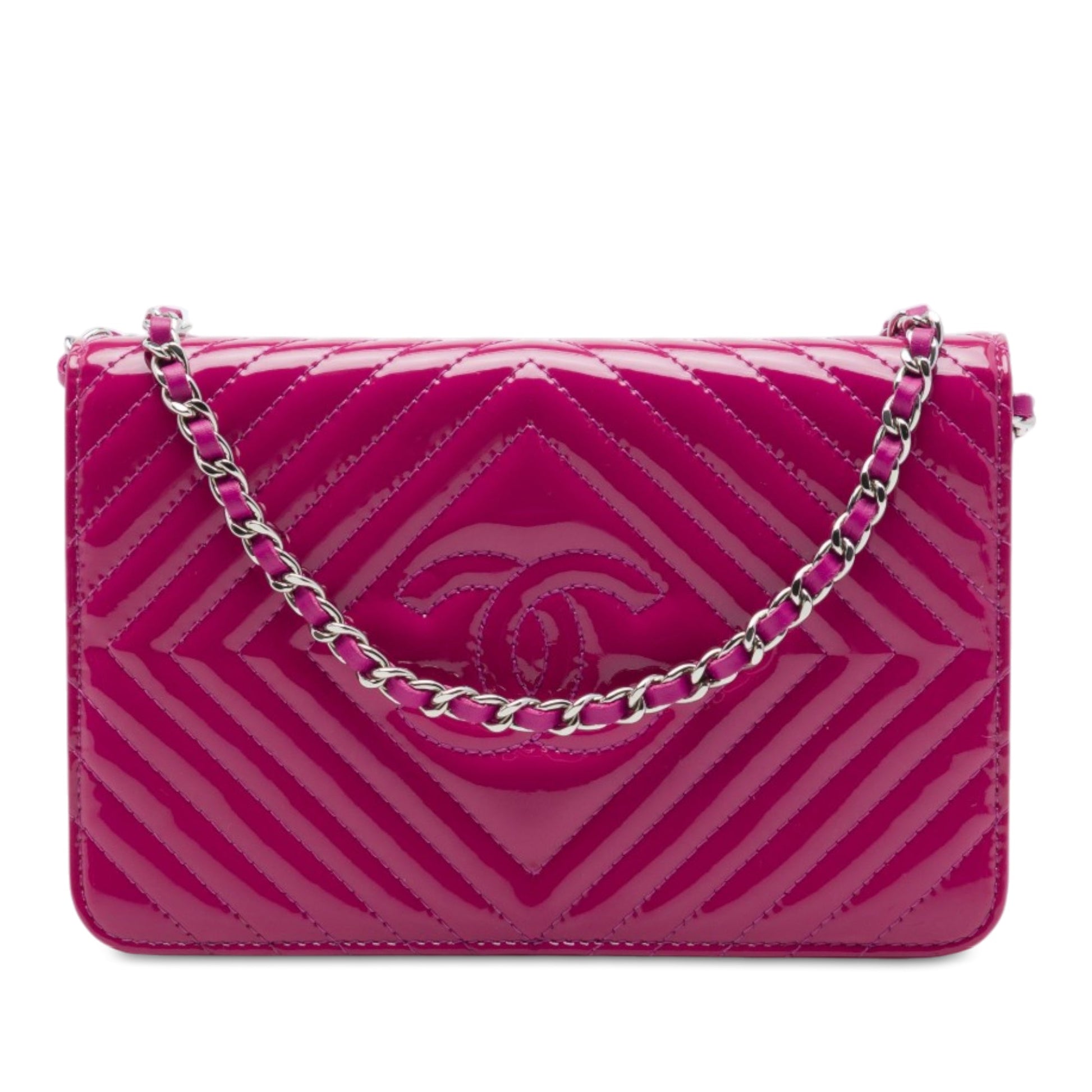 Chanel CC Patent Diamond Quilted Wallet On Chain