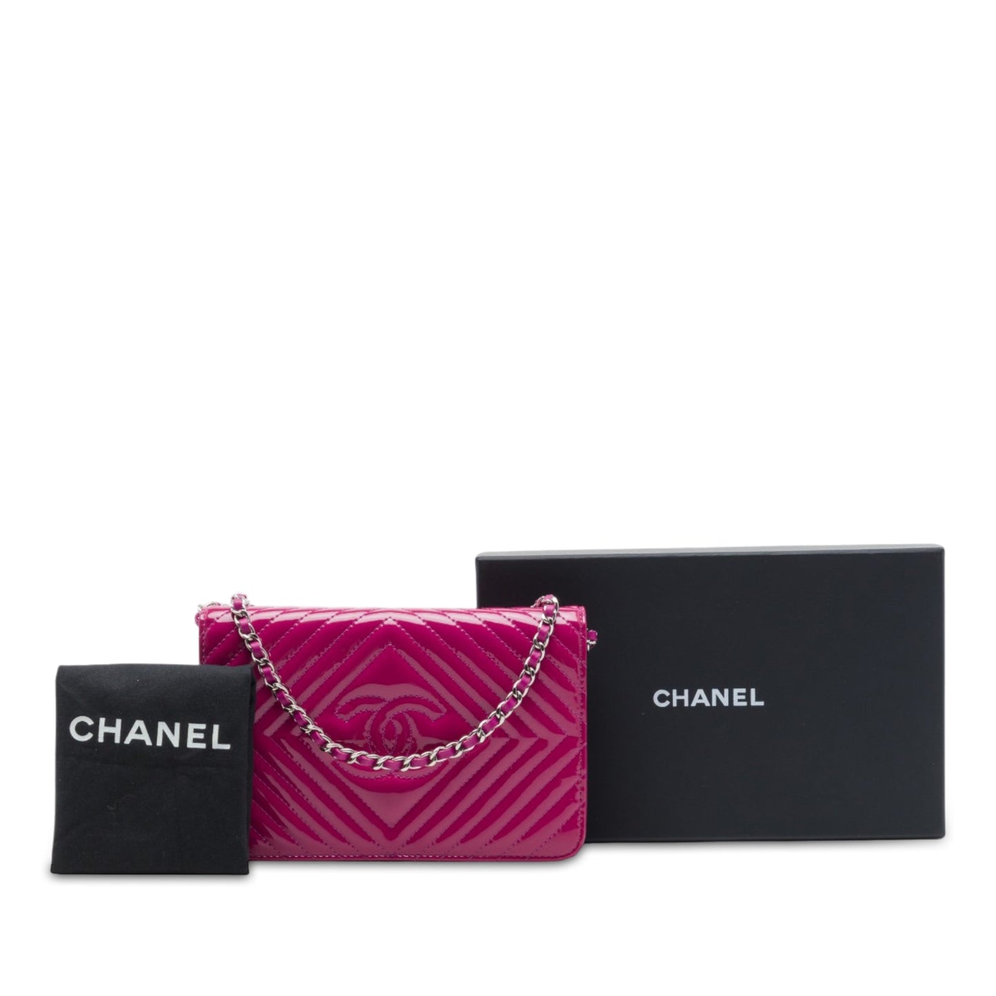 Chanel CC Patent Diamond Quilted Wallet On Chain