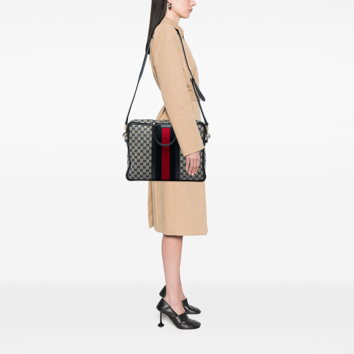 Gucci GG Canvas Web Briefcase — Beige