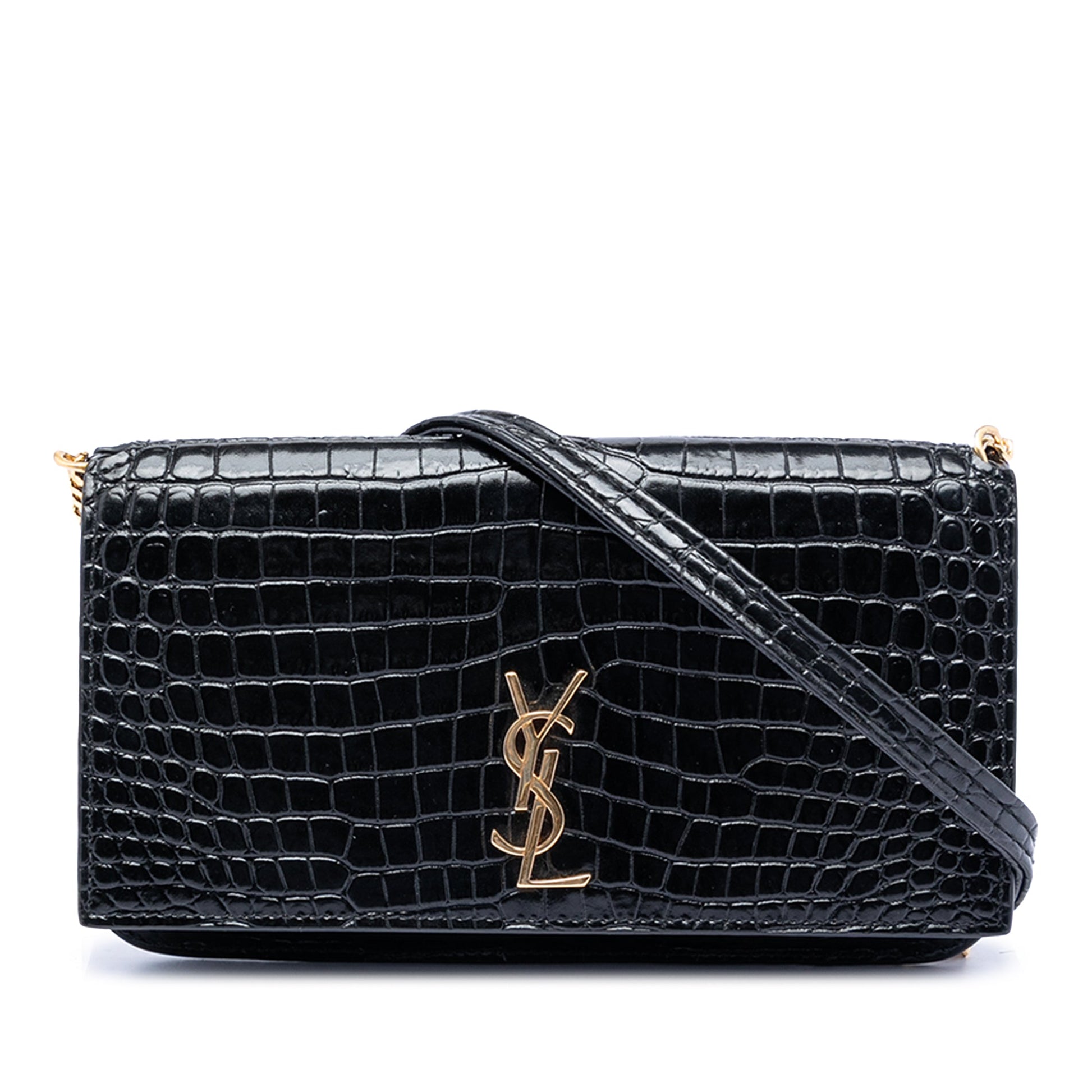Saint Laurent Croc Embossed Leather Cassandre Phone Holder
