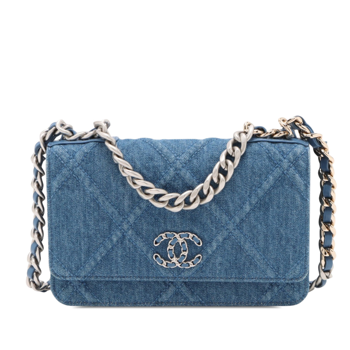 Chanel Denim 19 Flap Wallet On Chain — Blue