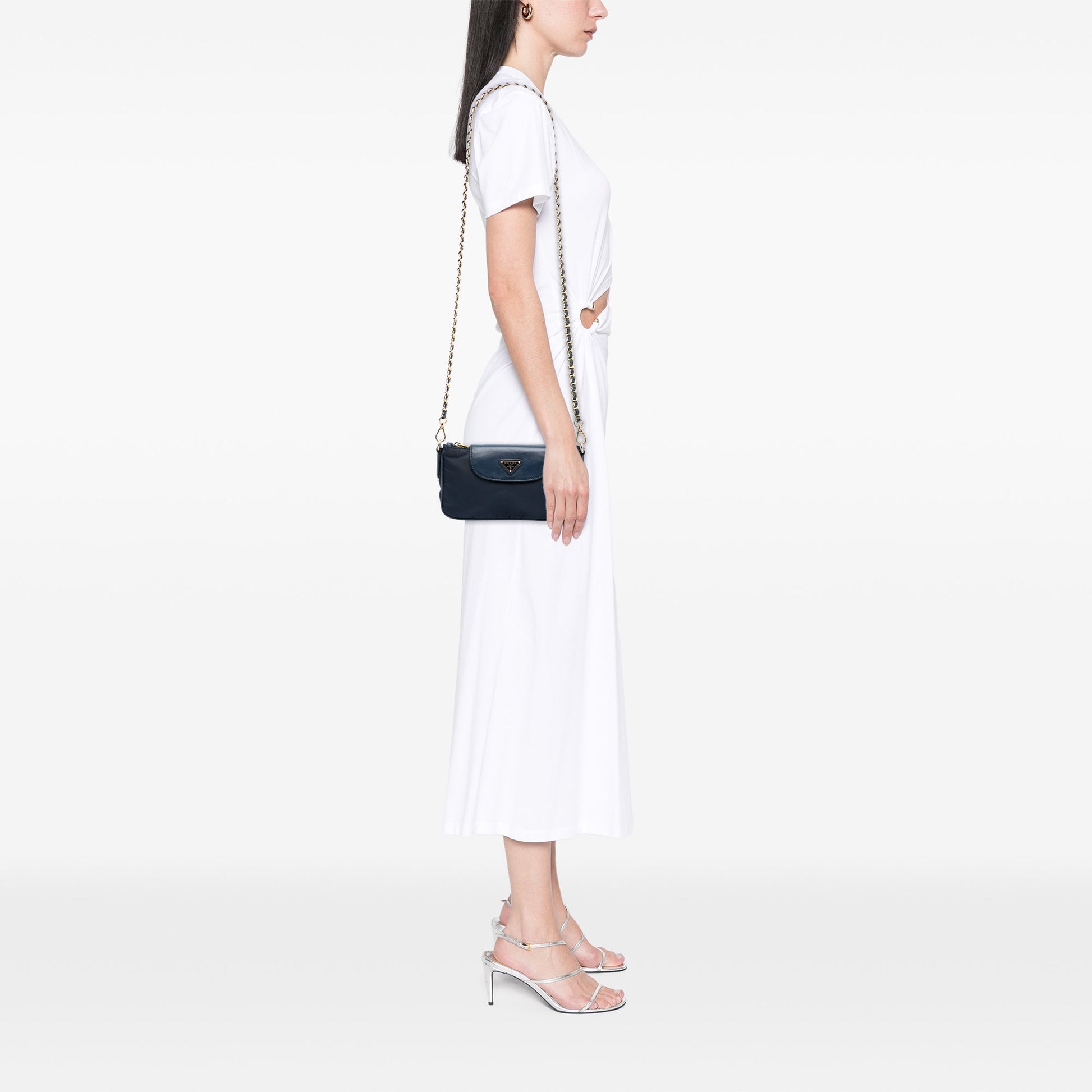 Prada Saffiano Trimmed Tessuto Chain Crossbody