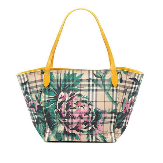 Burberry Small Haymarket Check Floral Print Coated Canvas Canterbury Tote