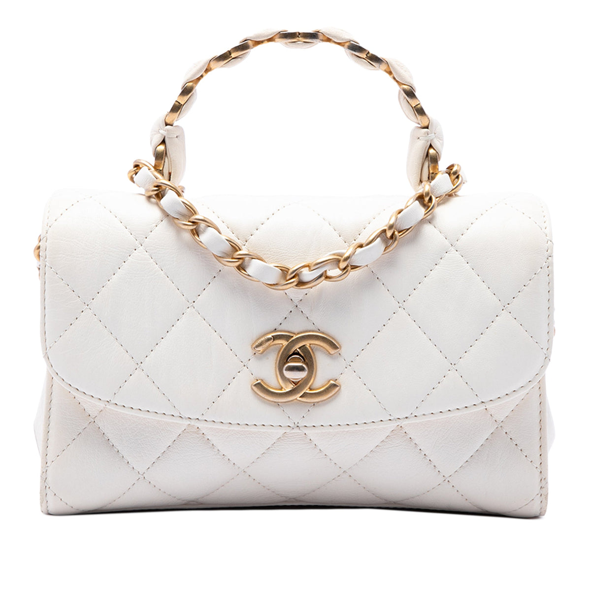 Chanel Mini Quilted Crumpled Lambskin CC Links Top Handle Flap — White