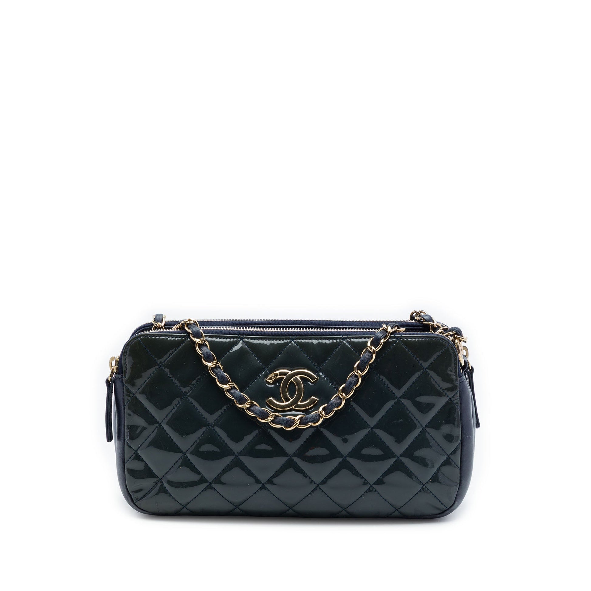 Chanel Quilted Patent CC Crown Double Zip Crossbody