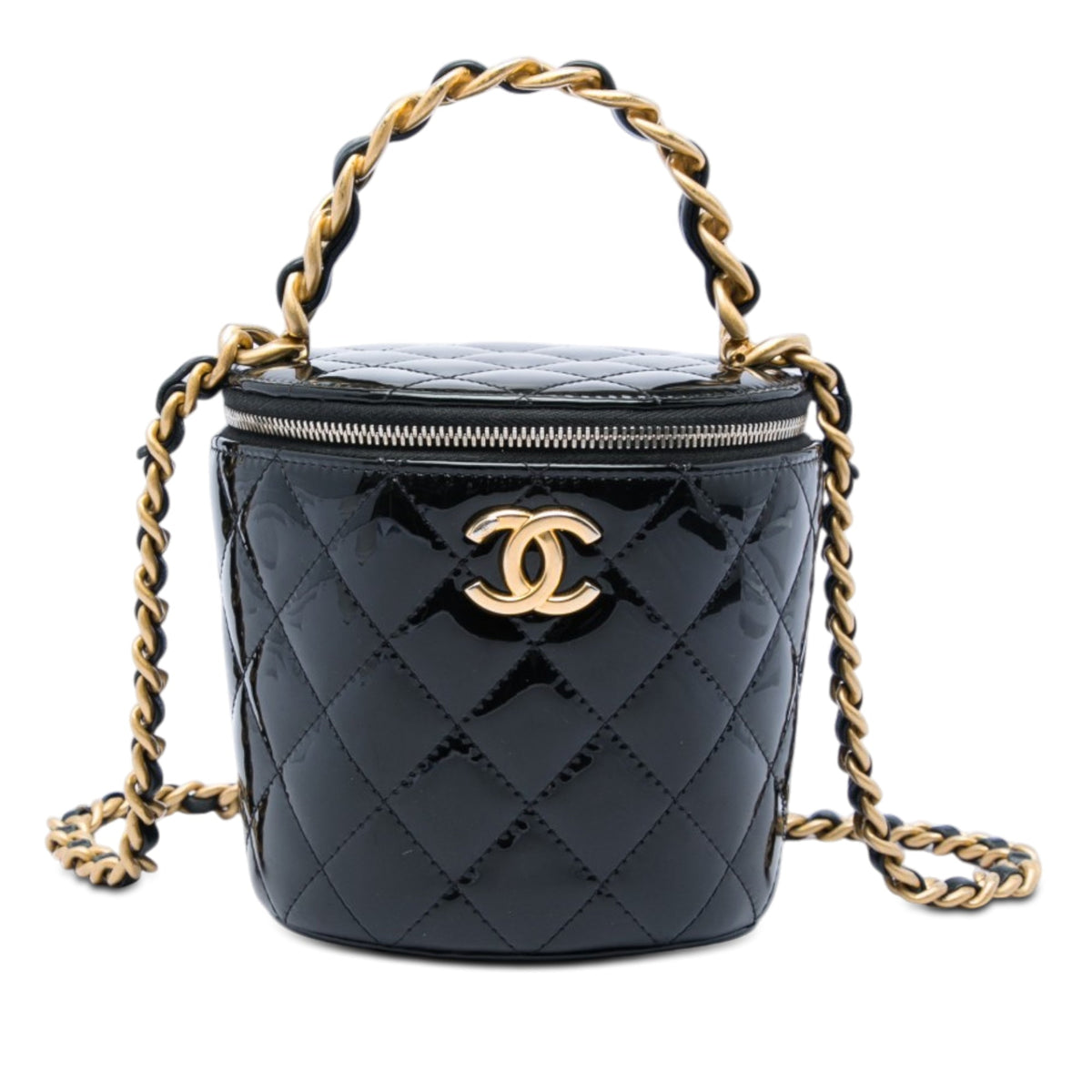 Chanel Quilted Patent Afternoon Tea Top Handle Vanity Case with Chain