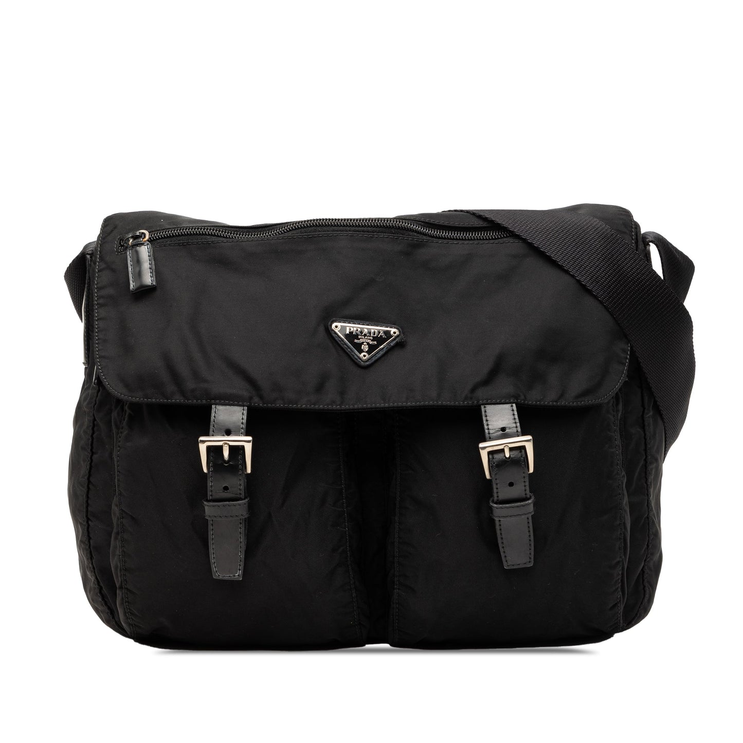 Prada Tessuto Zip Double Buckle Messenger Bag