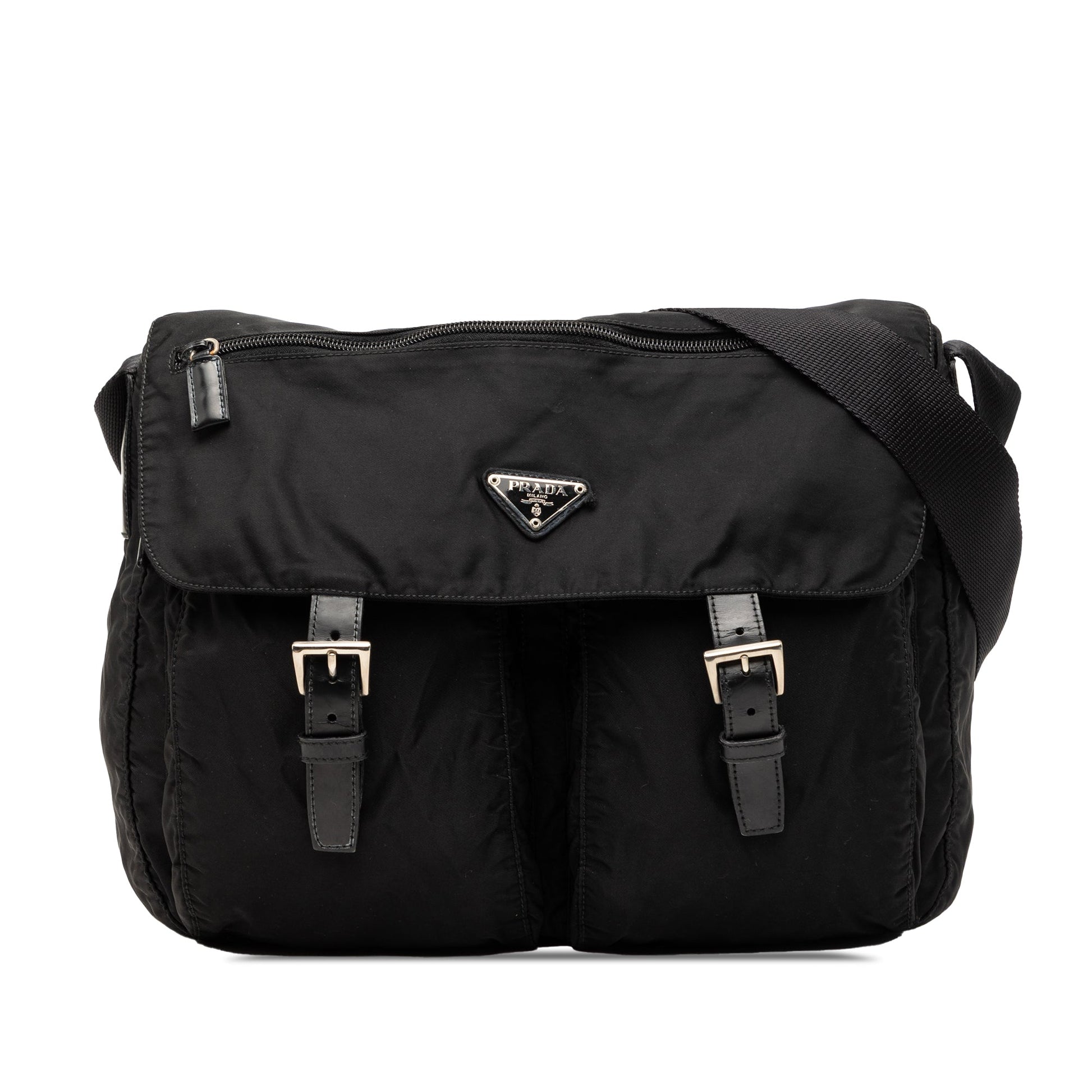 Prada Tessuto Zip Double Buckle Messenger Bag