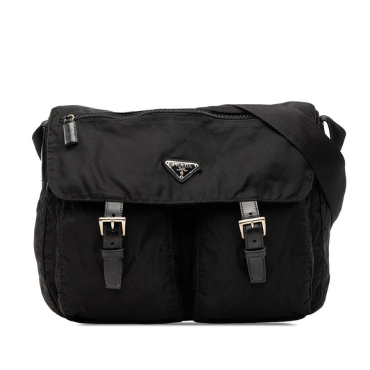 Prada Tessuto Zip Double Buckle Messenger Bag