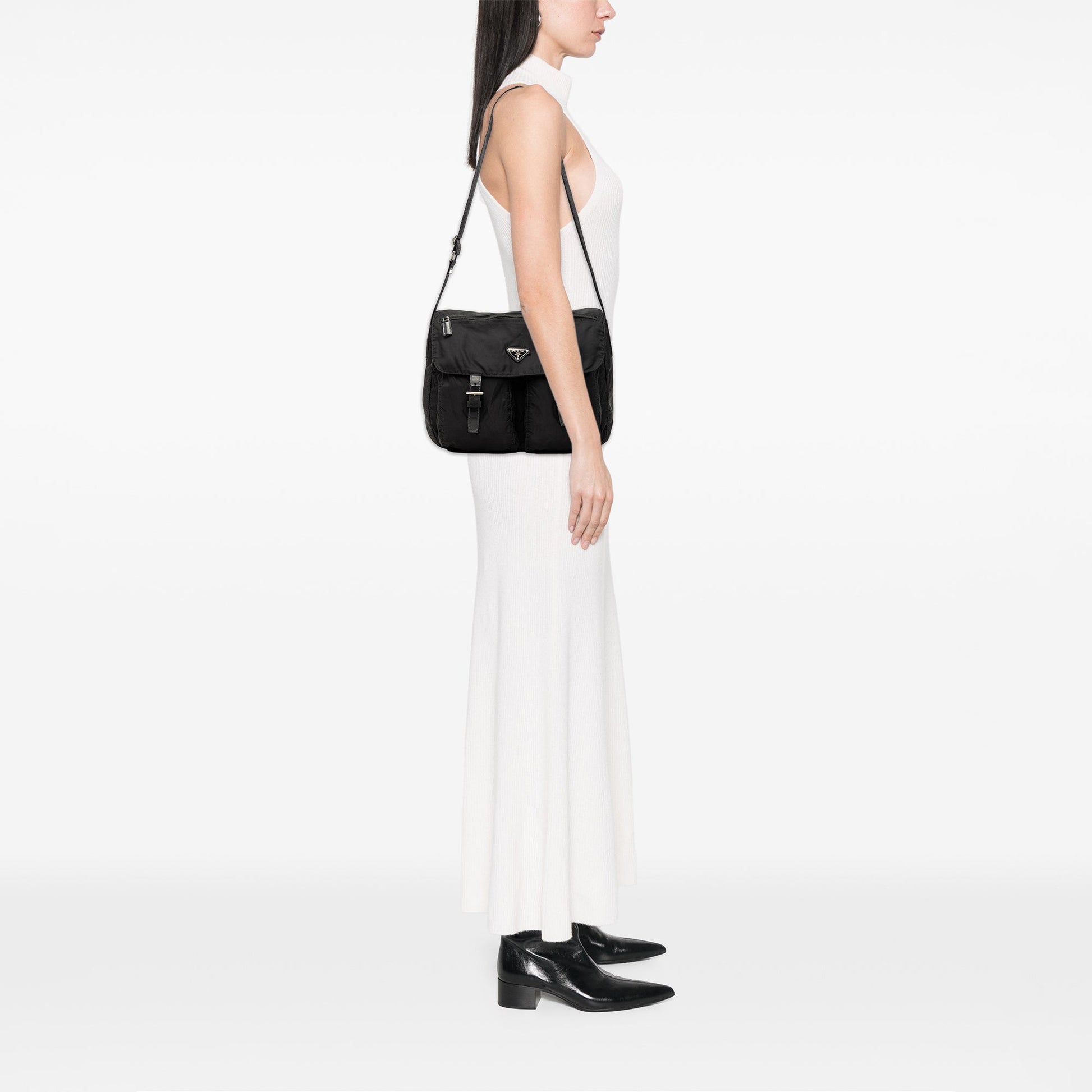 Prada Tessuto Zip Double Buckle Messenger Bag