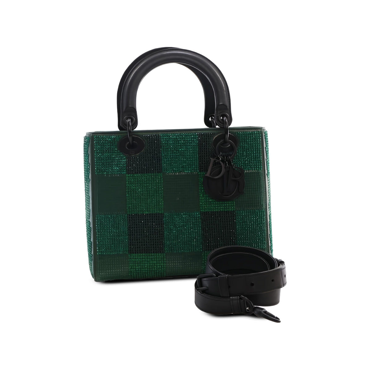 Dior Medium Crystal Embellished Calfskin Checkered Lady Dior — Green