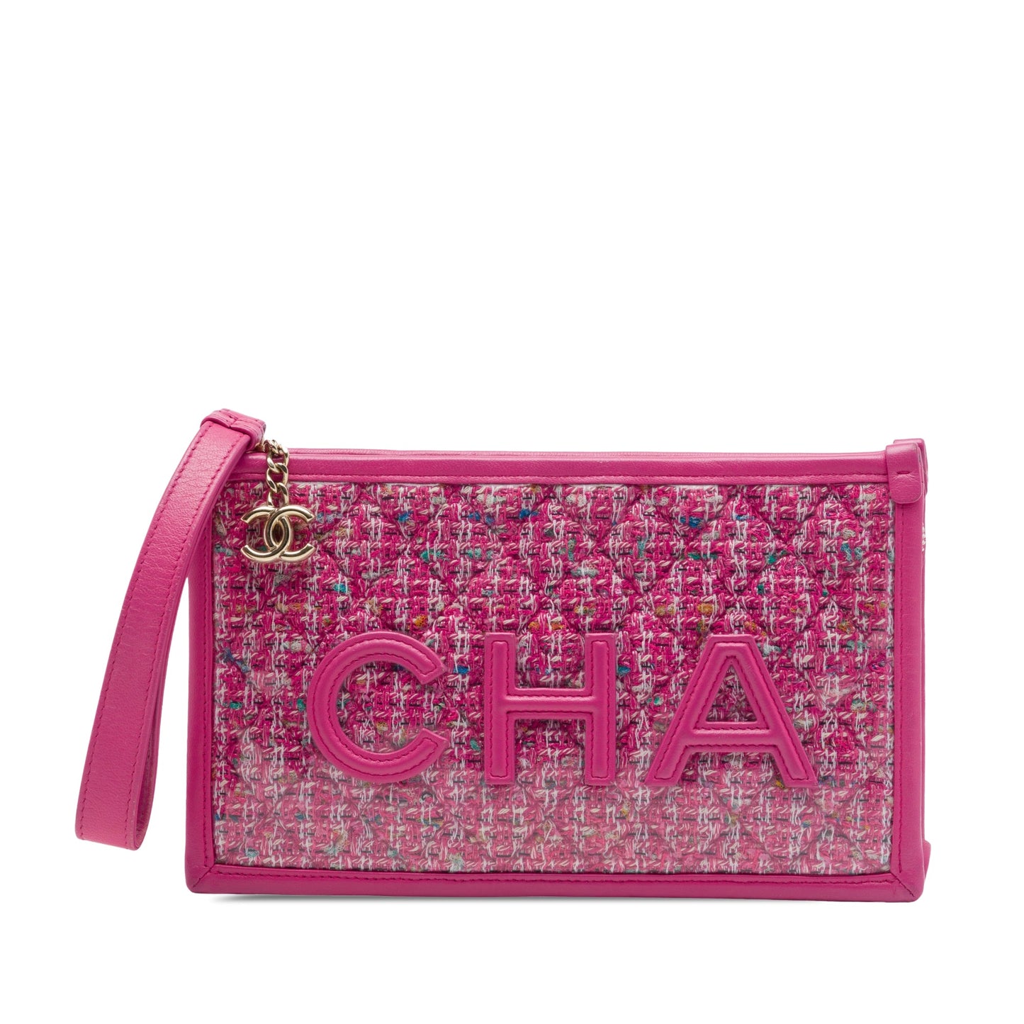 Chanel Quilted Tweed PVC Logo Wristlet Clutch