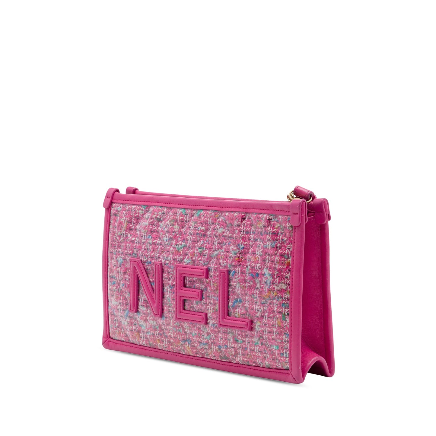Chanel Quilted Tweed PVC Logo Wristlet Clutch