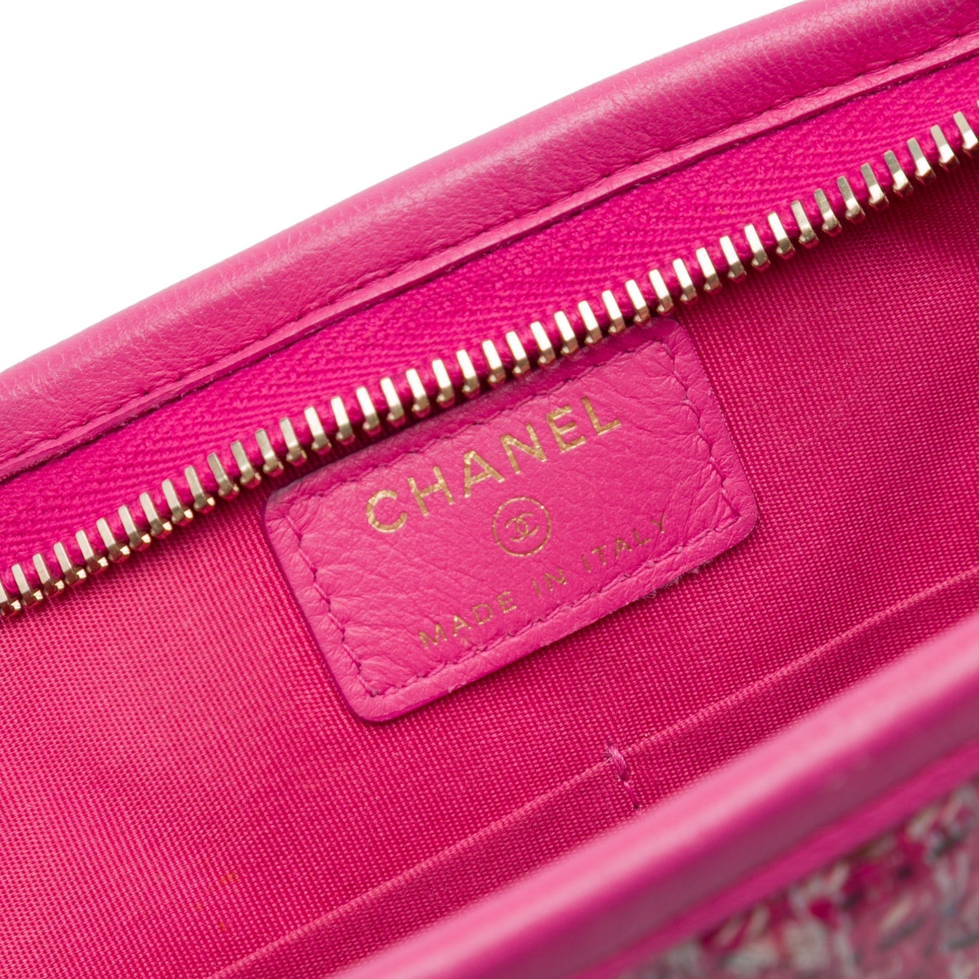 Chanel Quilted Tweed PVC Logo Wristlet Clutch