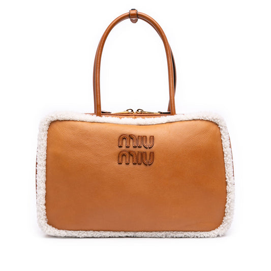 Miu Miu Large Shearling Trimmed Calfskin Logo Beau Shoulder Bag