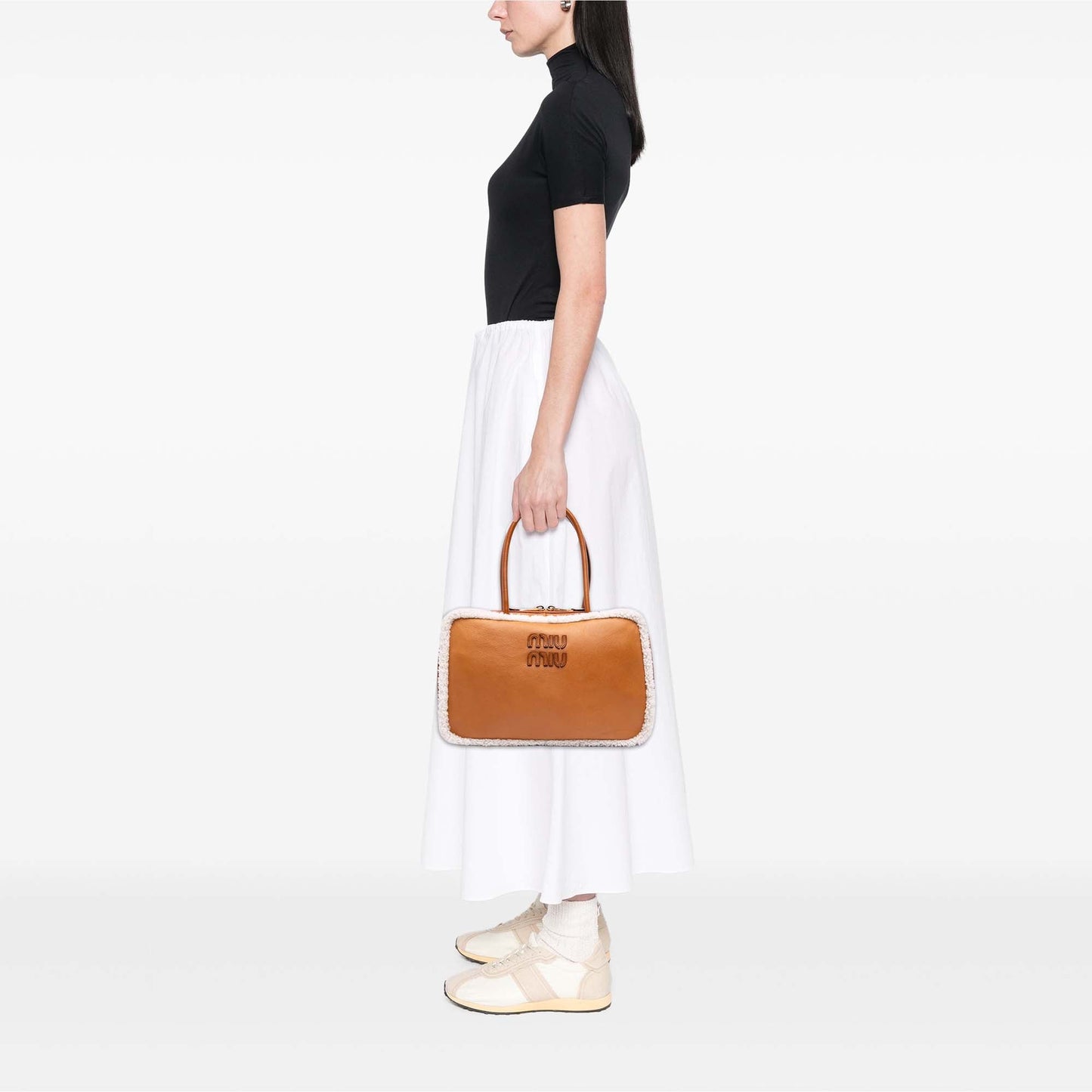 Miu Miu Large Shearling Trimmed Calfskin Logo Beau Shoulder Bag