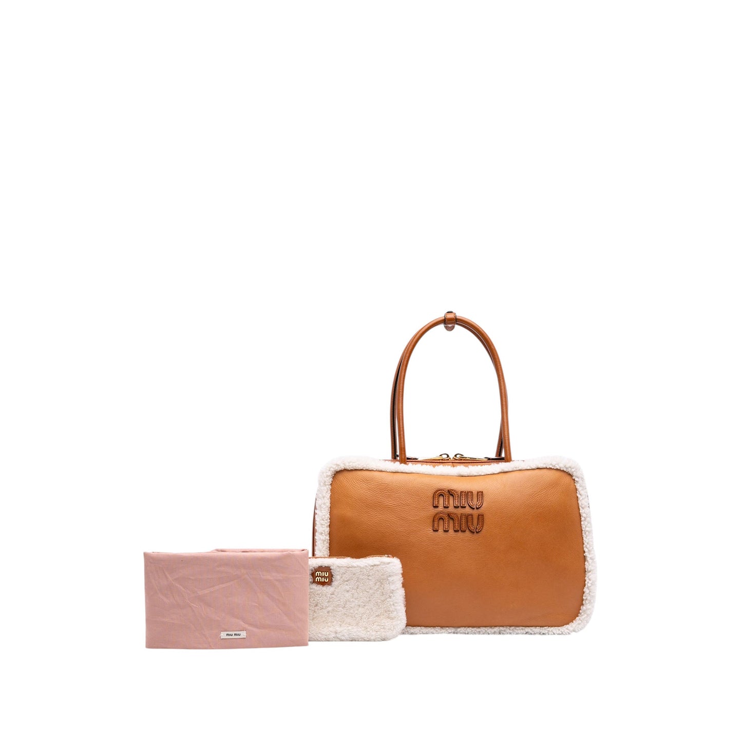 Miu Miu Large Shearling Trimmed Calfskin Logo Beau Shoulder Bag