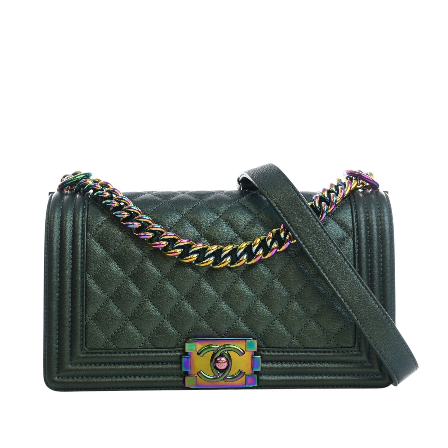 Chanel Old Medium Quilted Iridescent Goatskin Rainbow Hardware Boy Flap