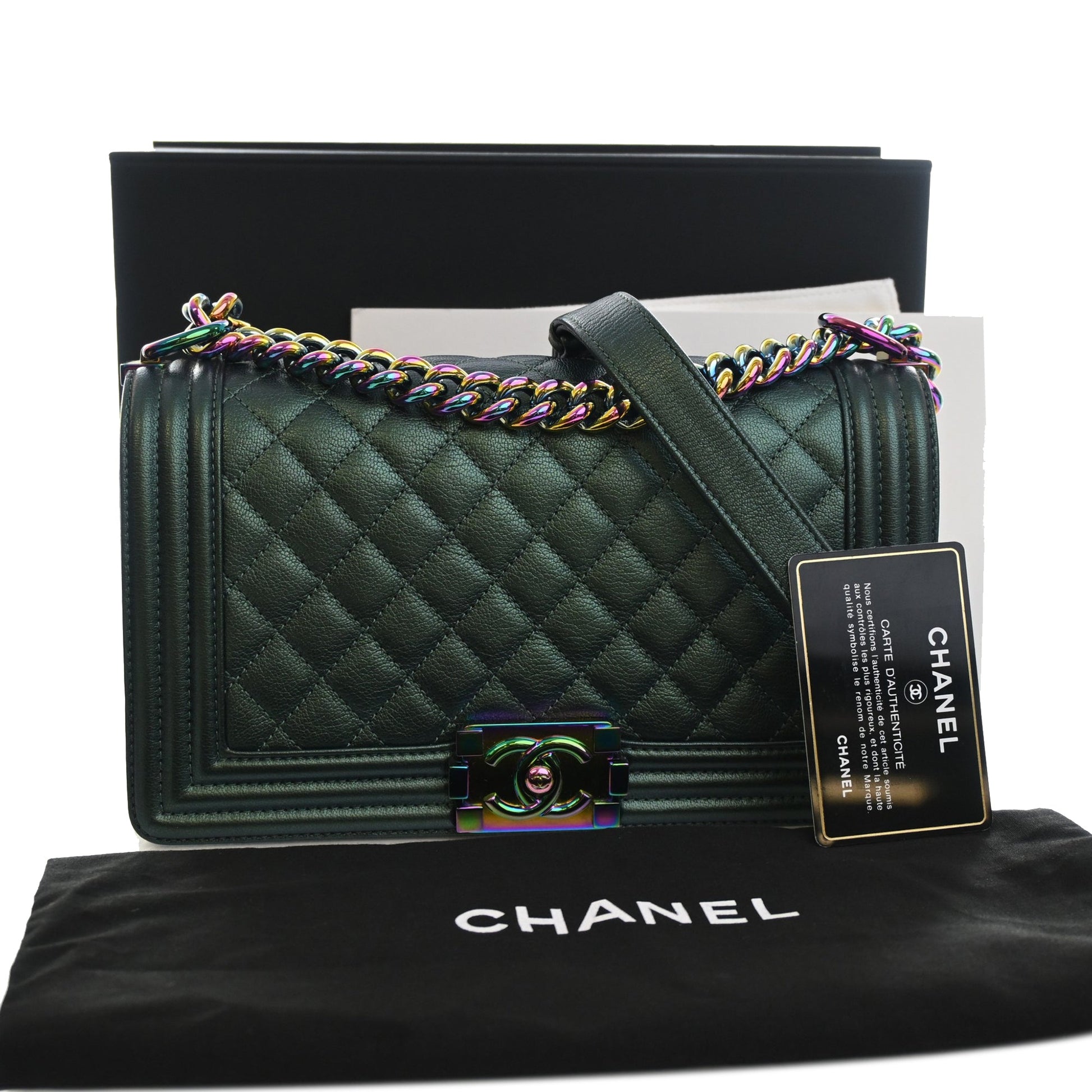 Chanel Old Medium Quilted Iridescent Goatskin Rainbow Hardware Boy Flap