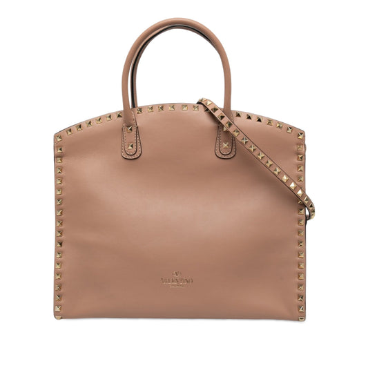 Valentino Leather Rockstud Dome Shopper Satchel — Brown