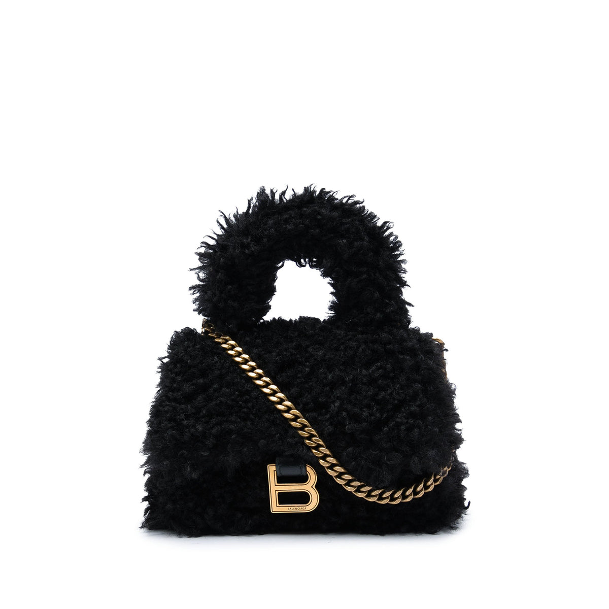 Balenciaga Mini Shearling Hourglass Top Handle Bag — Black