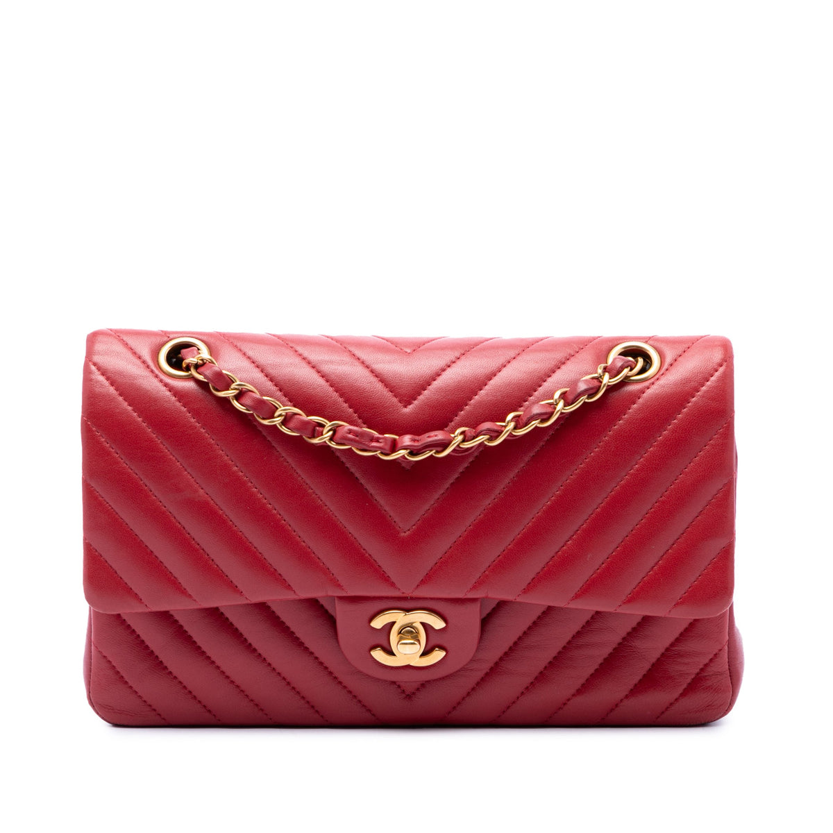 Chanel Medium Classic Chevron Lambskin Double Flap — Red