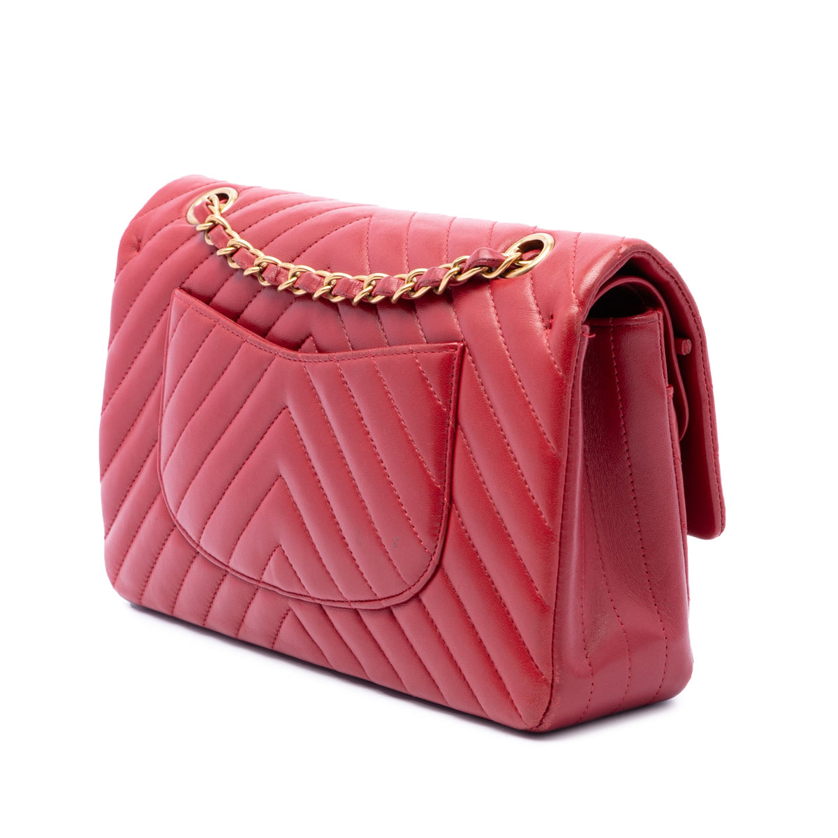 Chanel Medium Classic Chevron Lambskin Double Flap — Red