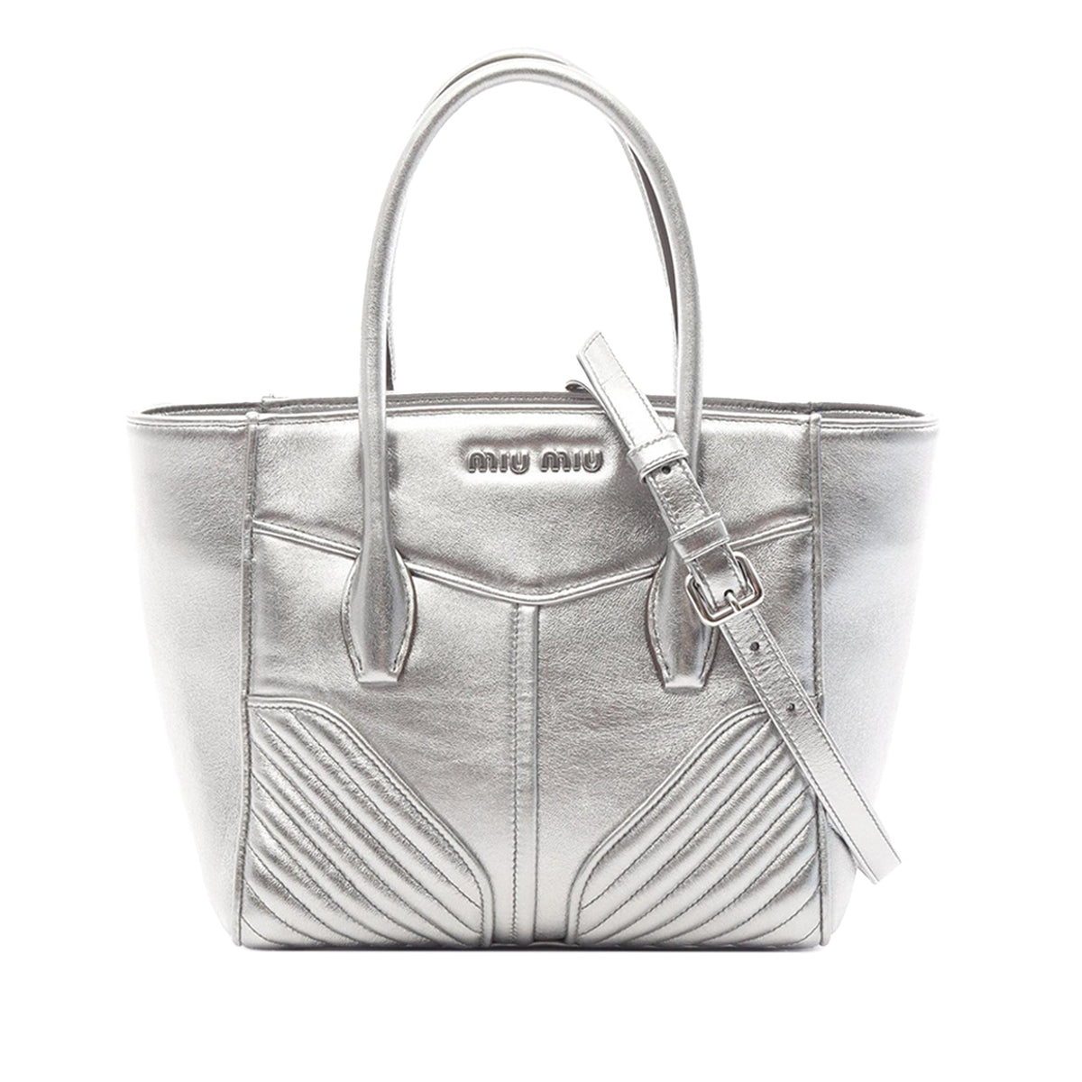 Miu Miu Nappa Biker Twin Pocket Satchel — Silver