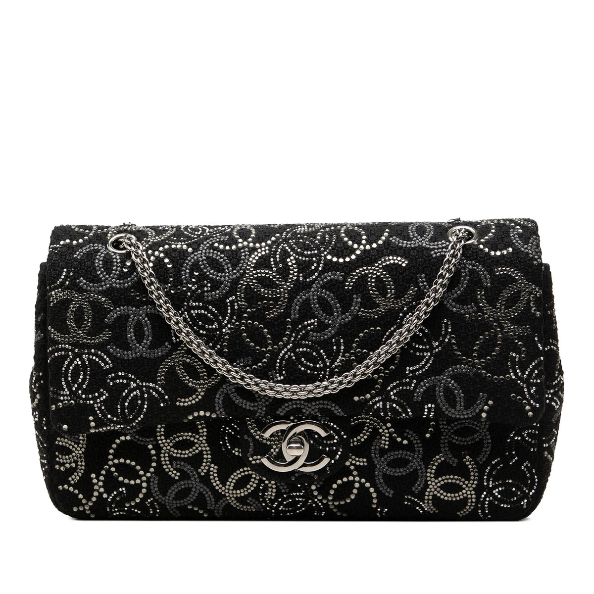 Chanel Paris Shanghai Medium Tweed Strass Embellished Pudong Double Flap — Black