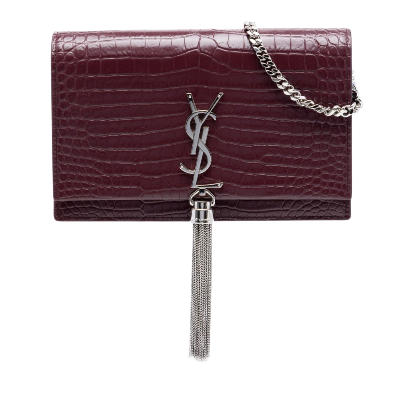 Saint Laurent Croc Embossed Leather Monogram Kate Tassel Wallet on Chain