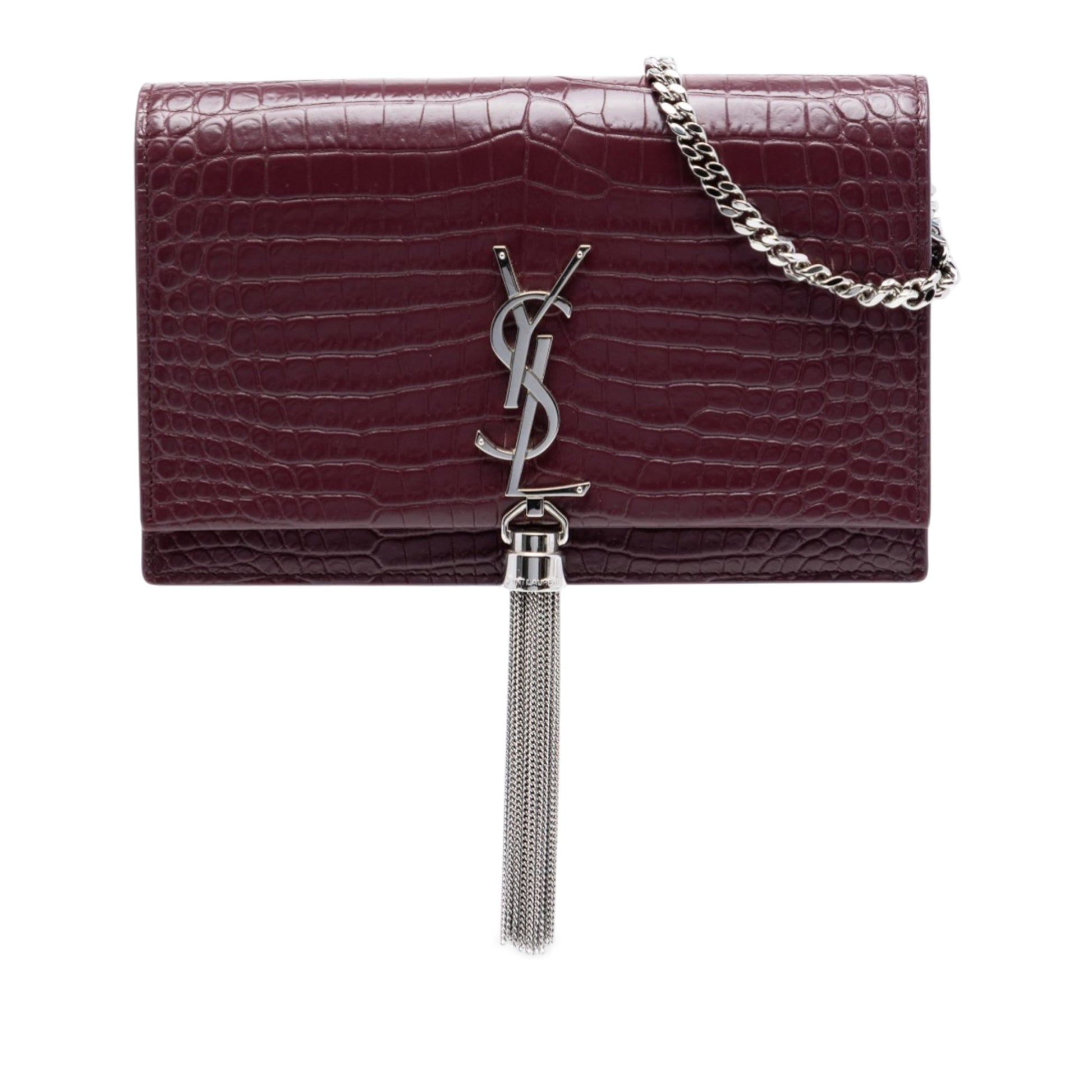 Saint Laurent Croc Embossed Leather Monogram Kate Tassel Wallet on Chain