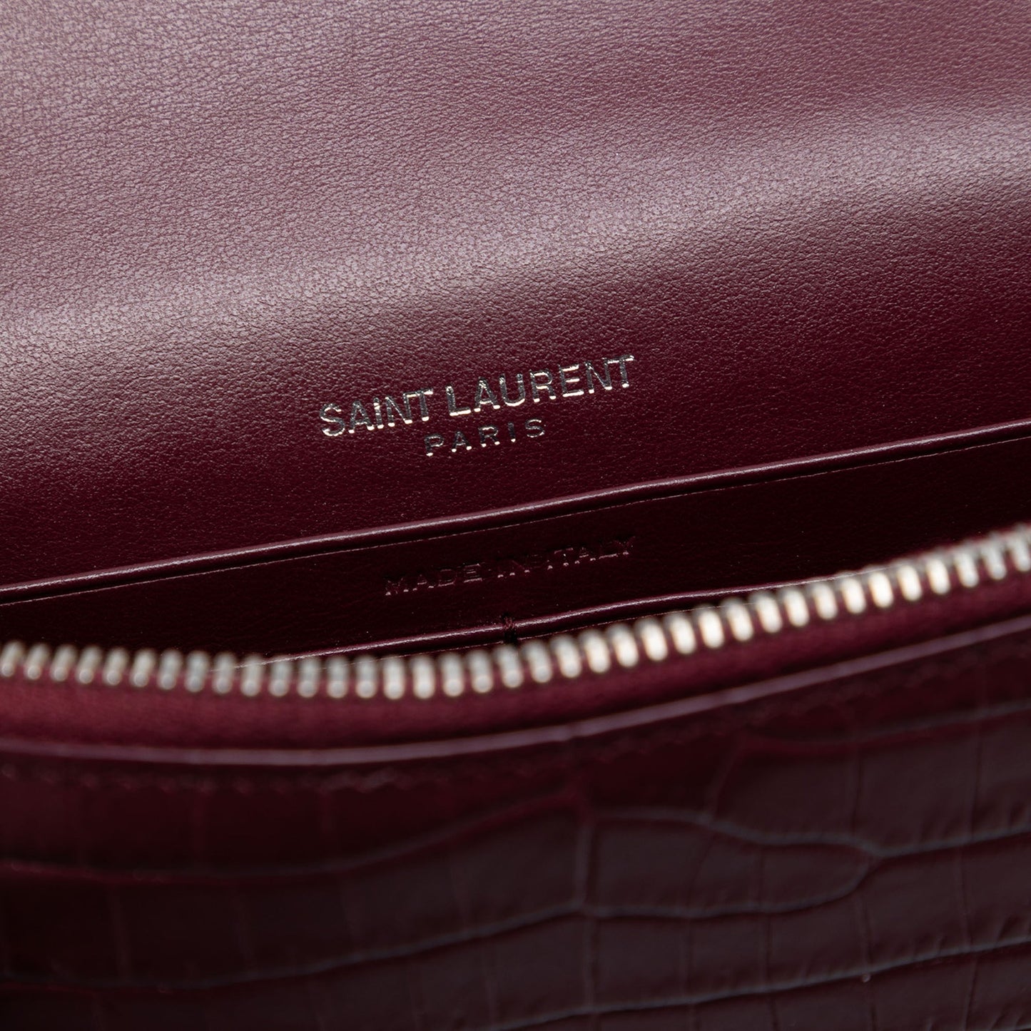Saint Laurent Croc Embossed Leather Monogram Kate Tassel Wallet on Chain