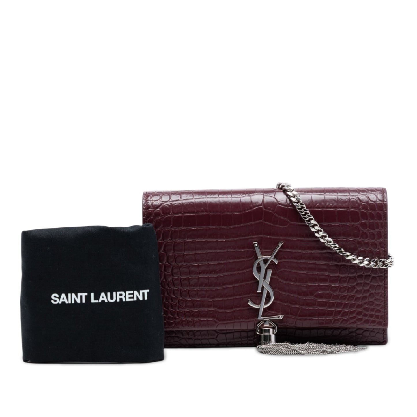 Saint Laurent Croc Embossed Leather Monogram Kate Tassel Wallet on Chain