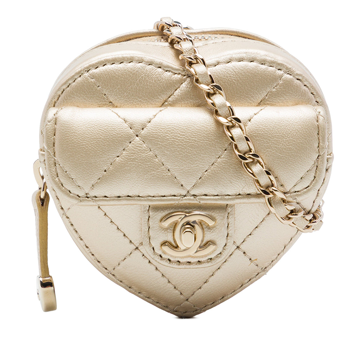 Chanel Mini Quilted Metallic Lambskin CC In Love Heart Bag — Gold
