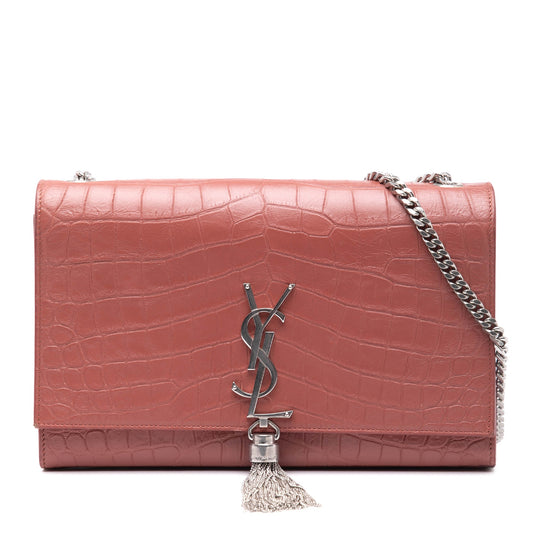 Saint Laurent Medium Croc Embossed Leather Kate Tassel Crossbody