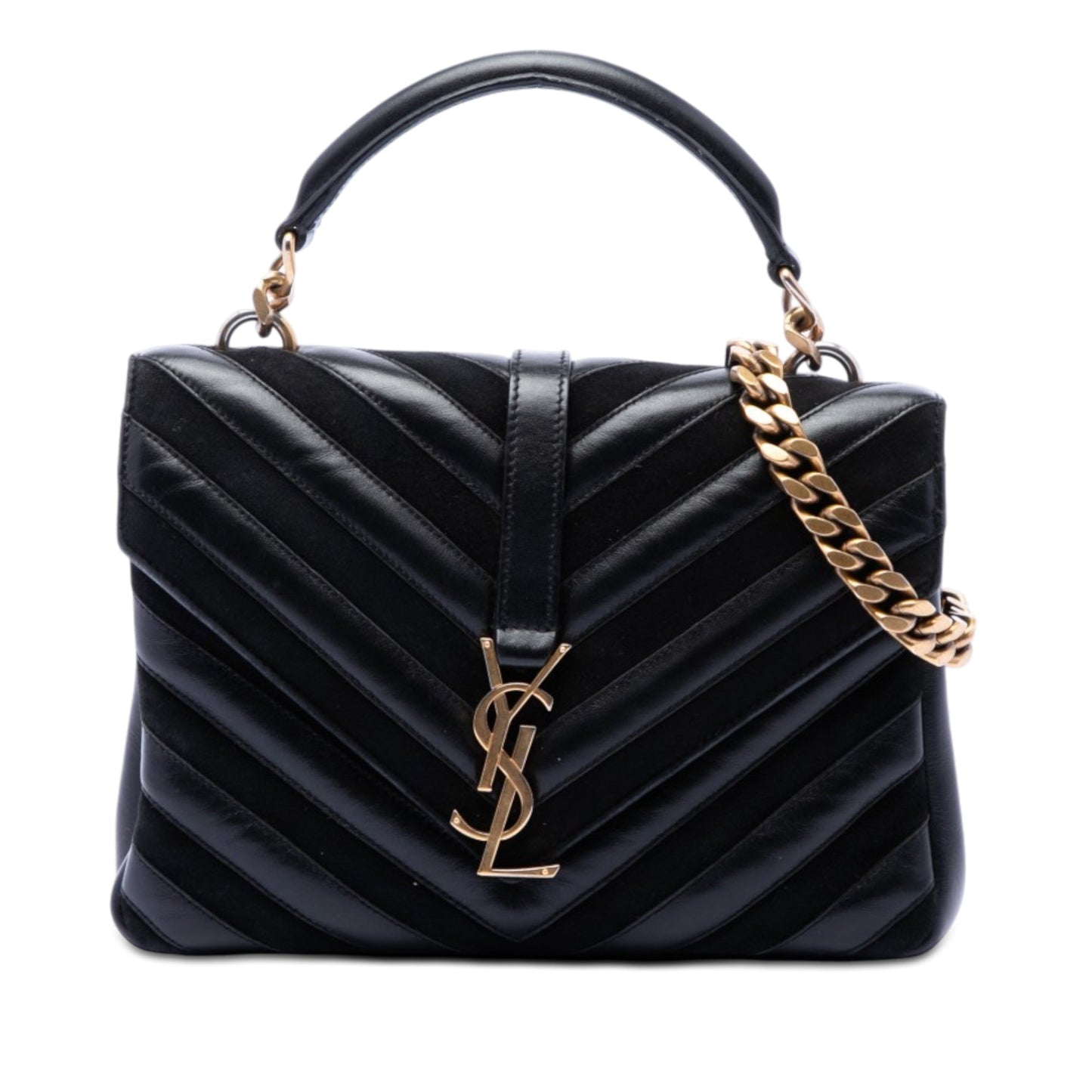 Saint Laurent Medium Calfskin and Suede Chevron Monogram College Satchel