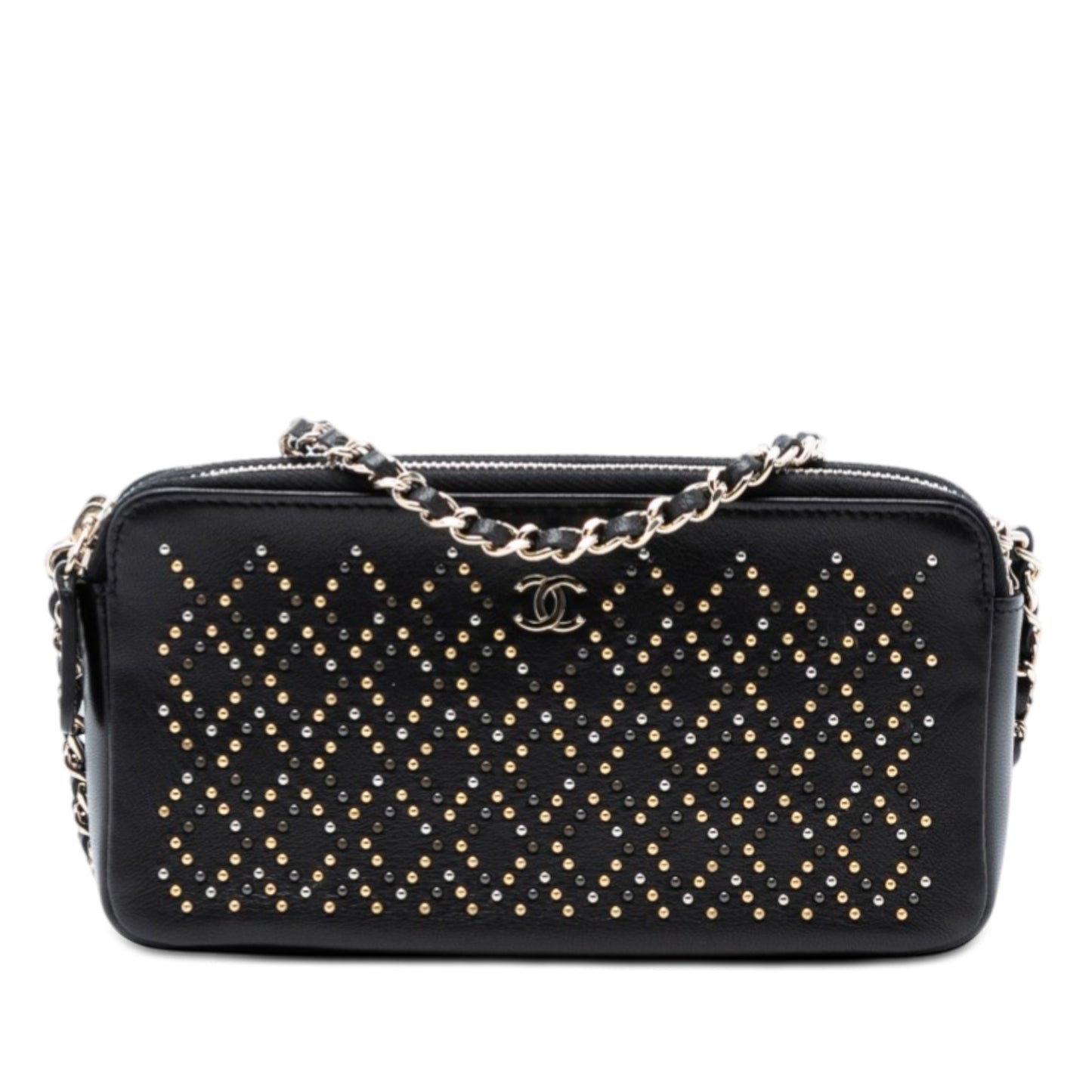 CC Studded Lambskin Double Zip Clutch with Chain