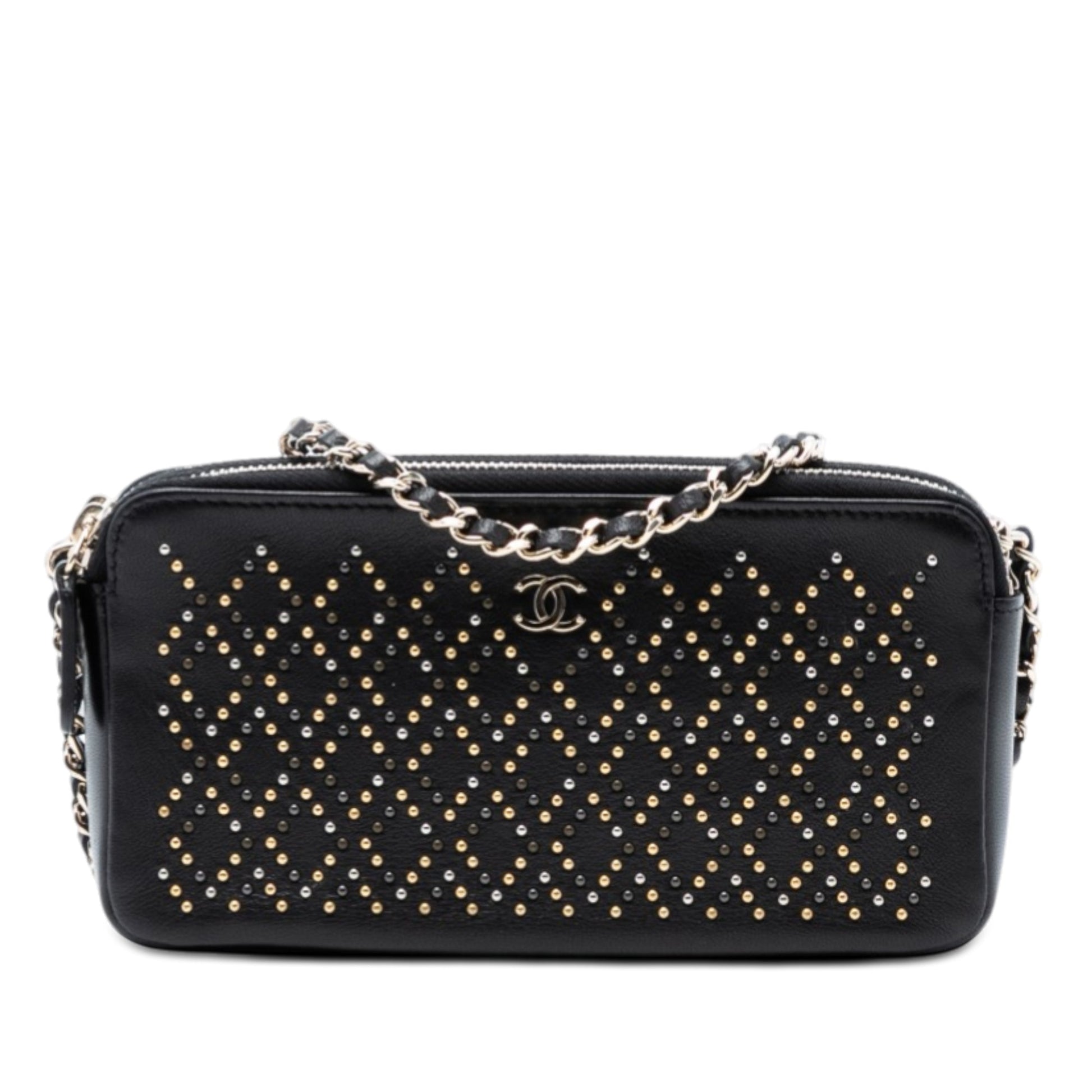 CC Studded Lambskin Double Zip Clutch with Chain