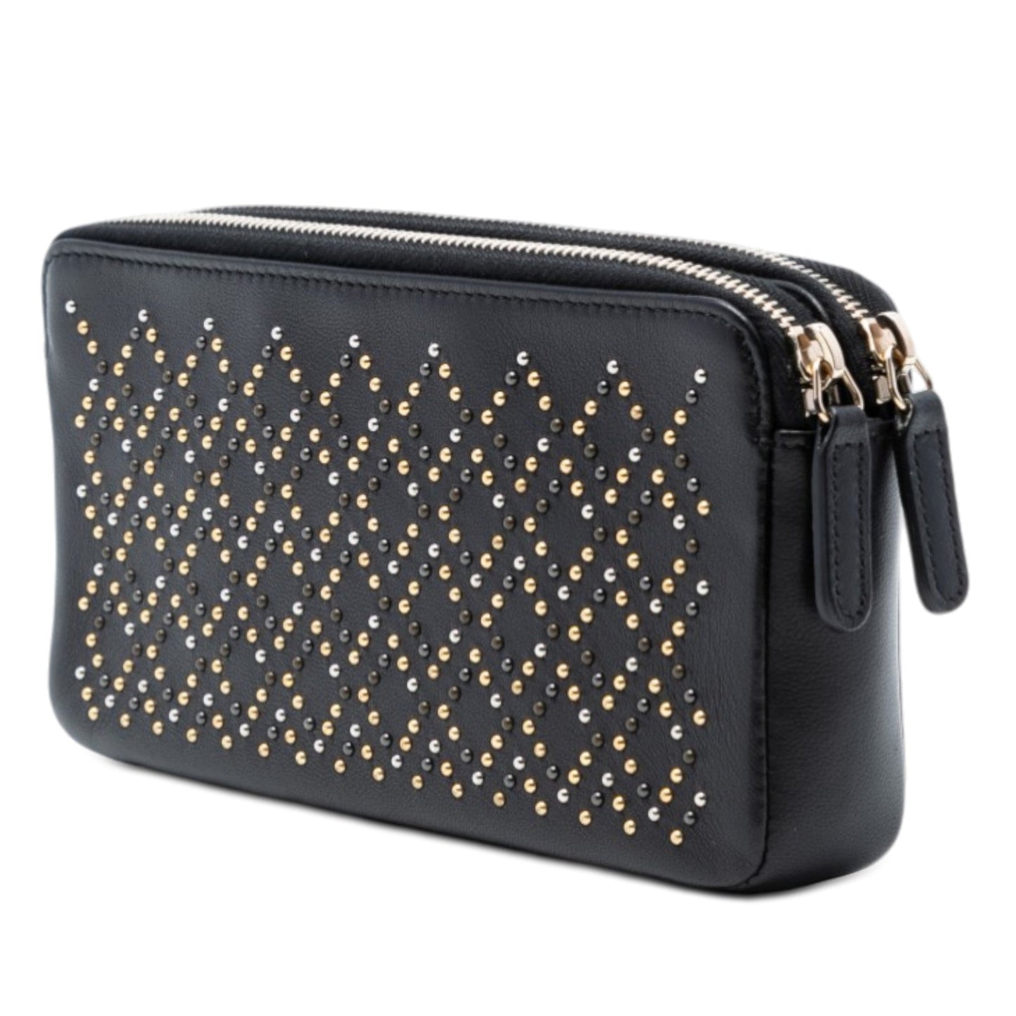 CC Studded Lambskin Double Zip Clutch with Chain