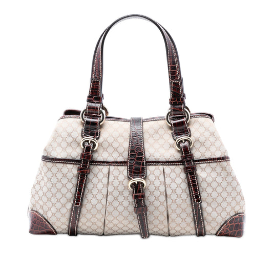 Celine Croc Embossed Leather Trimmed Macadam Canvas Handbag