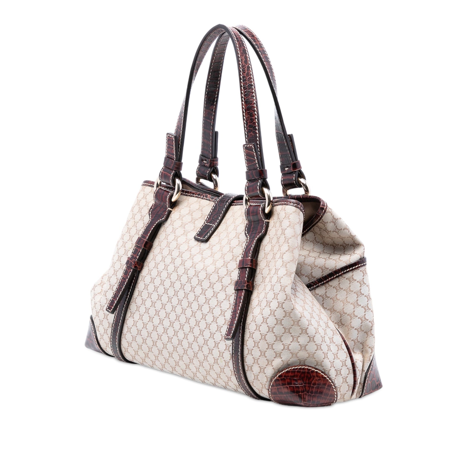 Celine Croc Embossed Leather Trimmed Macadam Canvas Handbag