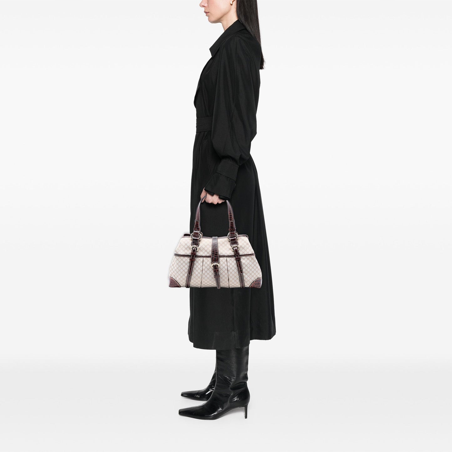 Celine Croc Embossed Leather Trimmed Macadam Canvas Handbag