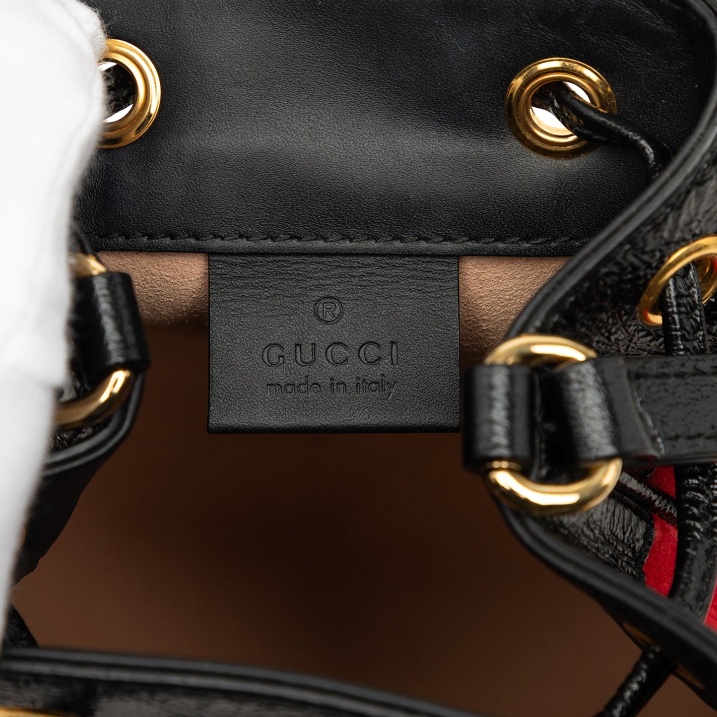 Gucci Mini Suede and Patent Web Ophidia Bucket Bag