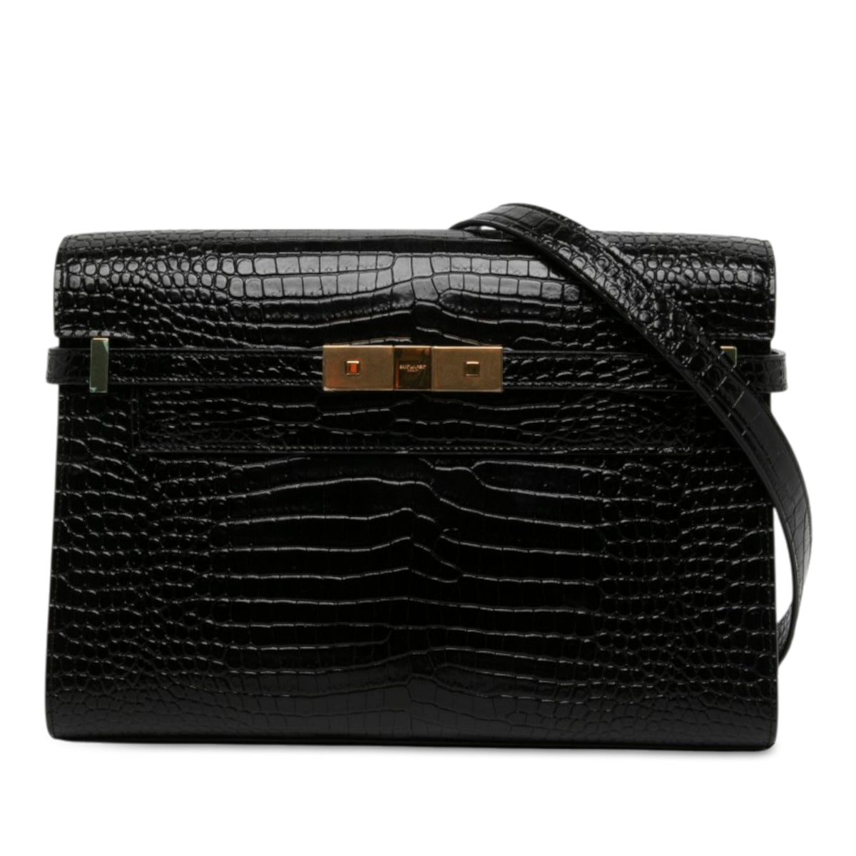 Saint Laurent Medium Shiny Croc Embossed Manhattan Shoulder Bag — Black